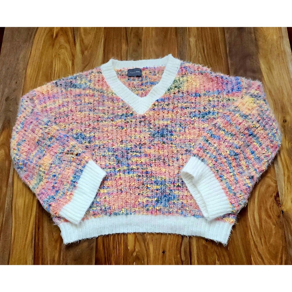 Hudson Gray Confetti Knit V-Neck Sweater Pastel Fuzzy Cropped Large